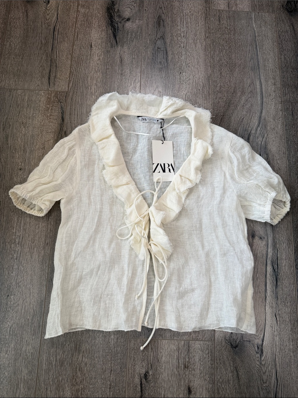 ZARA Cream Ruffle Tie-Front Linen Blouse